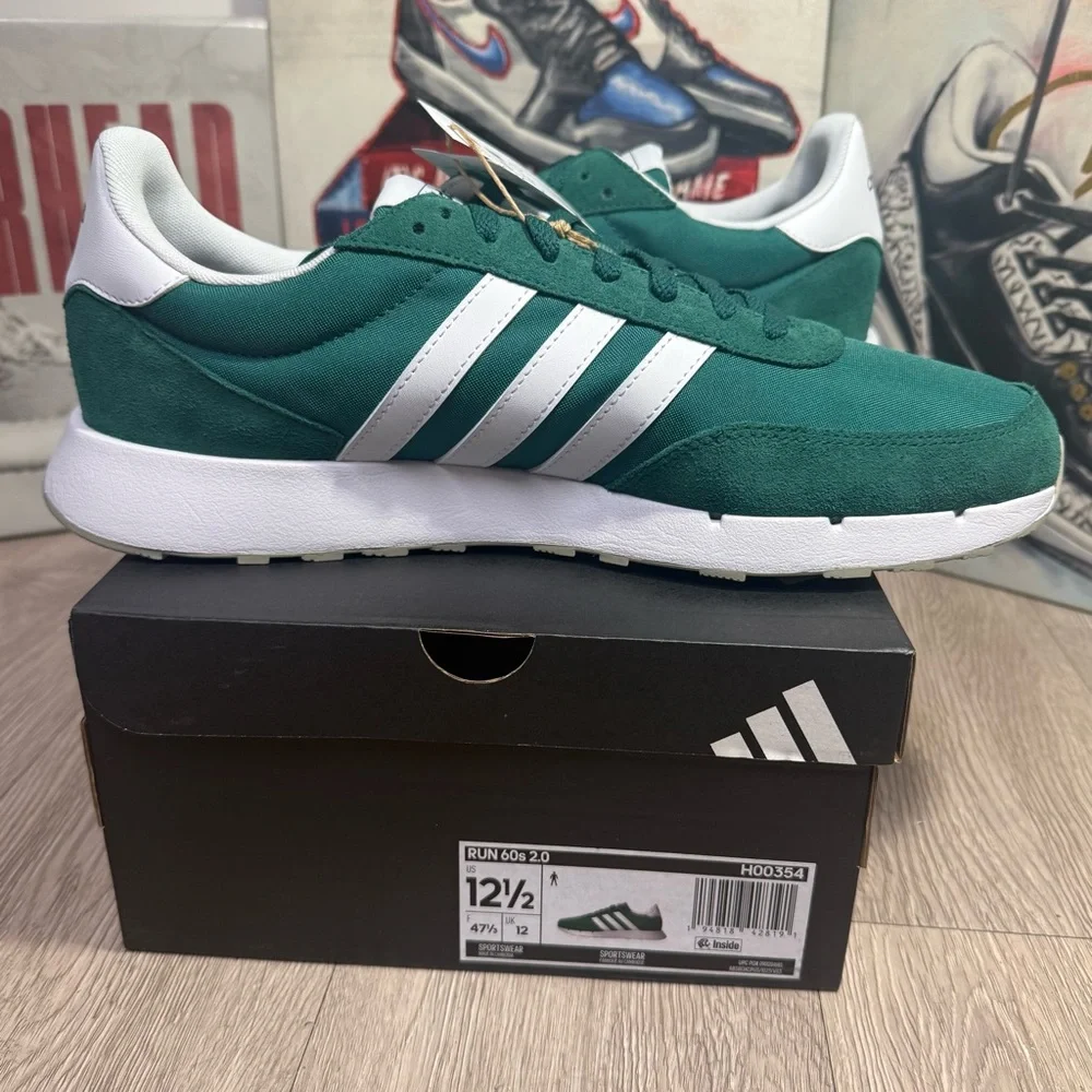 New adidas Run 60s 2.0 Collegiate Green Cloud White Metal Grey Sz 11.5,12.5